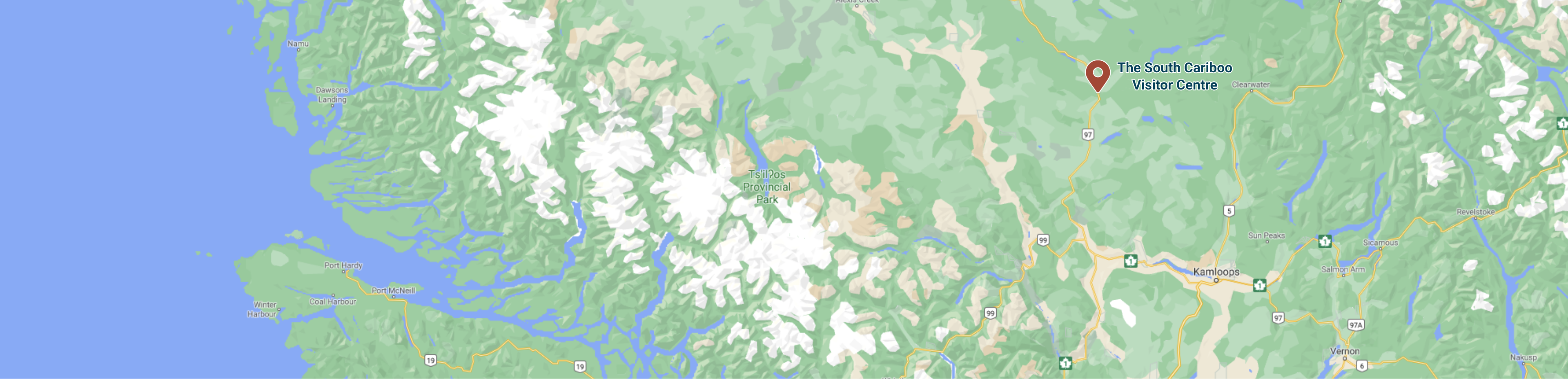 Map of the South Cariboo region with The South Cariboo Visitor Centre highlighted